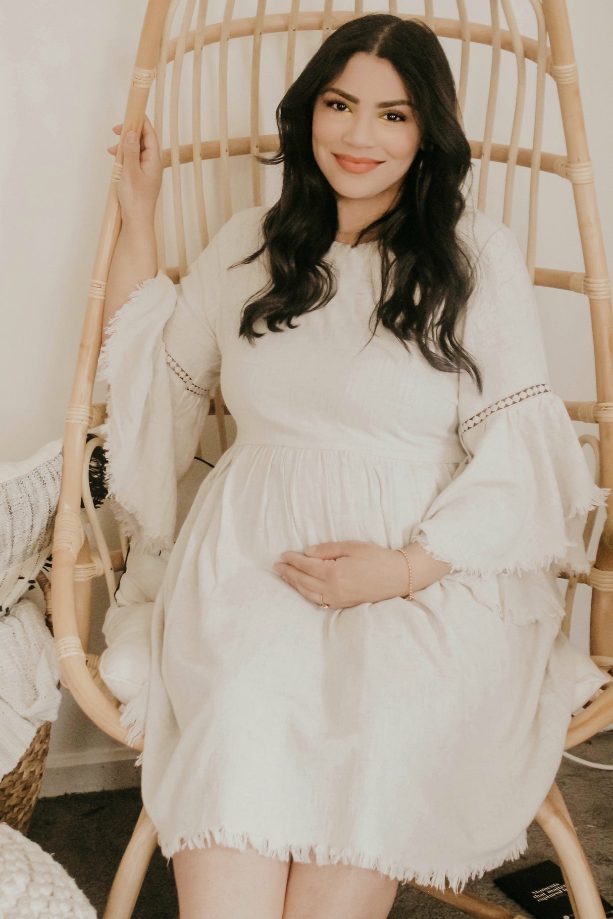 Beige Raw Edge Bell Sleeve Babydoll Maternity Dress from PinkBlush