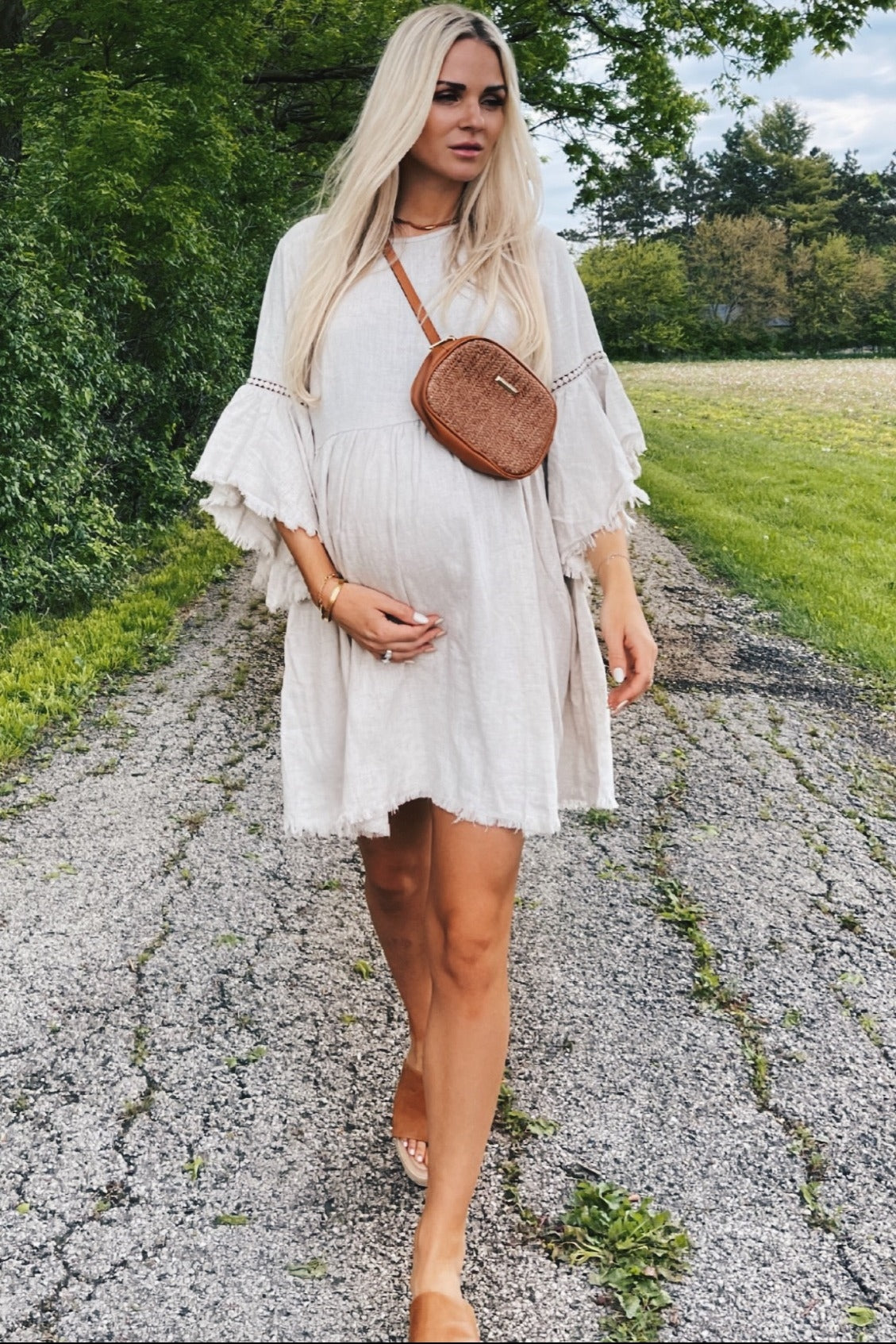 Beige Raw Edge Bell Sleeve Babydoll Maternity Dress from PinkBlush