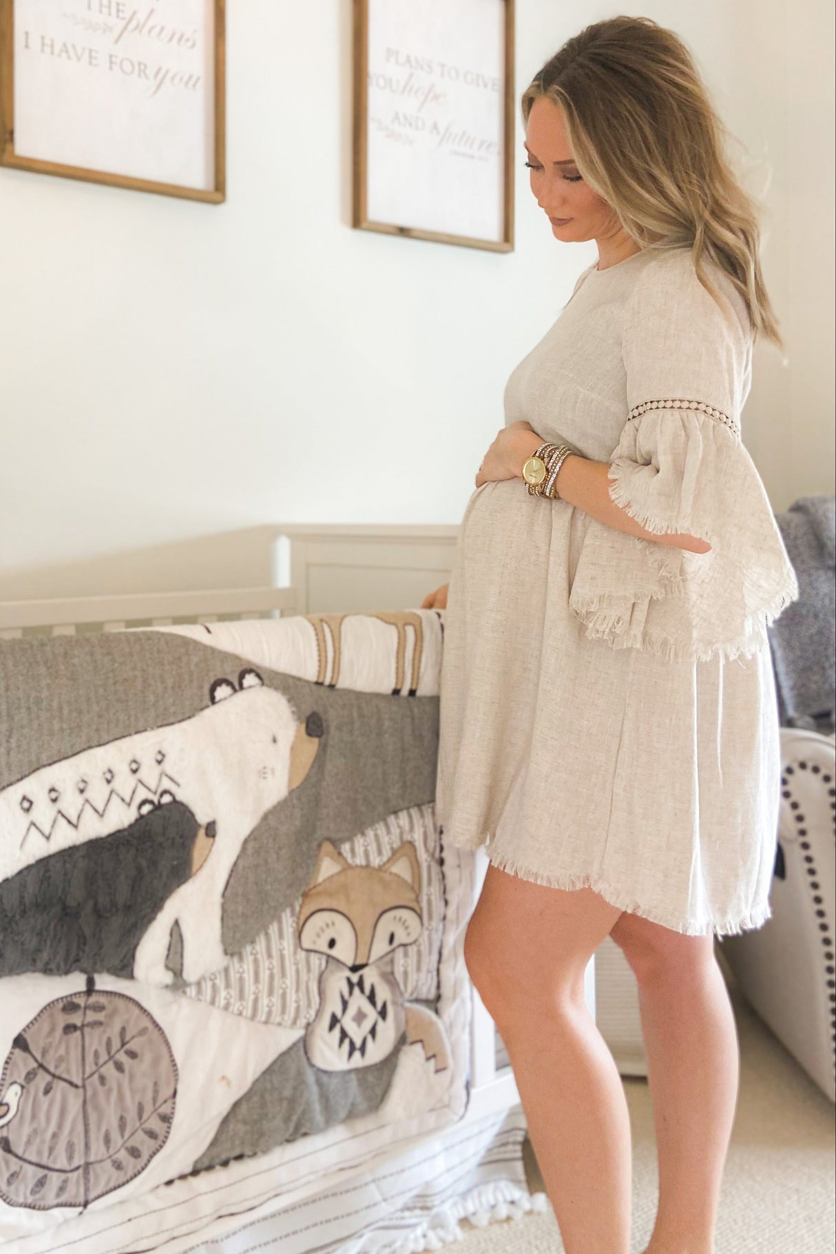 Beige Raw Edge Bell Sleeve Babydoll Maternity Dress from PinkBlush