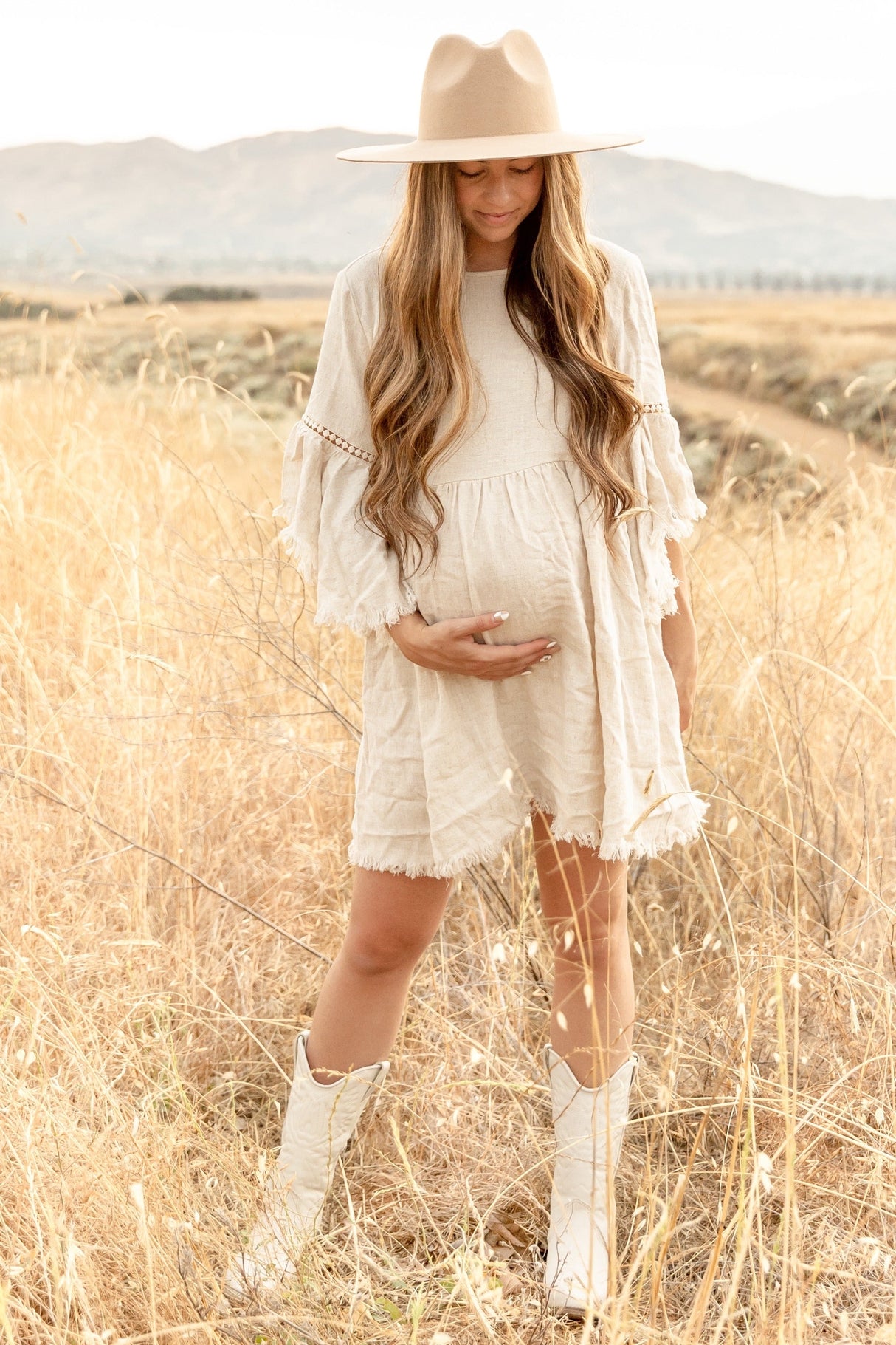 Beige Raw Edge Bell Sleeve Babydoll Maternity Dress from PinkBlush