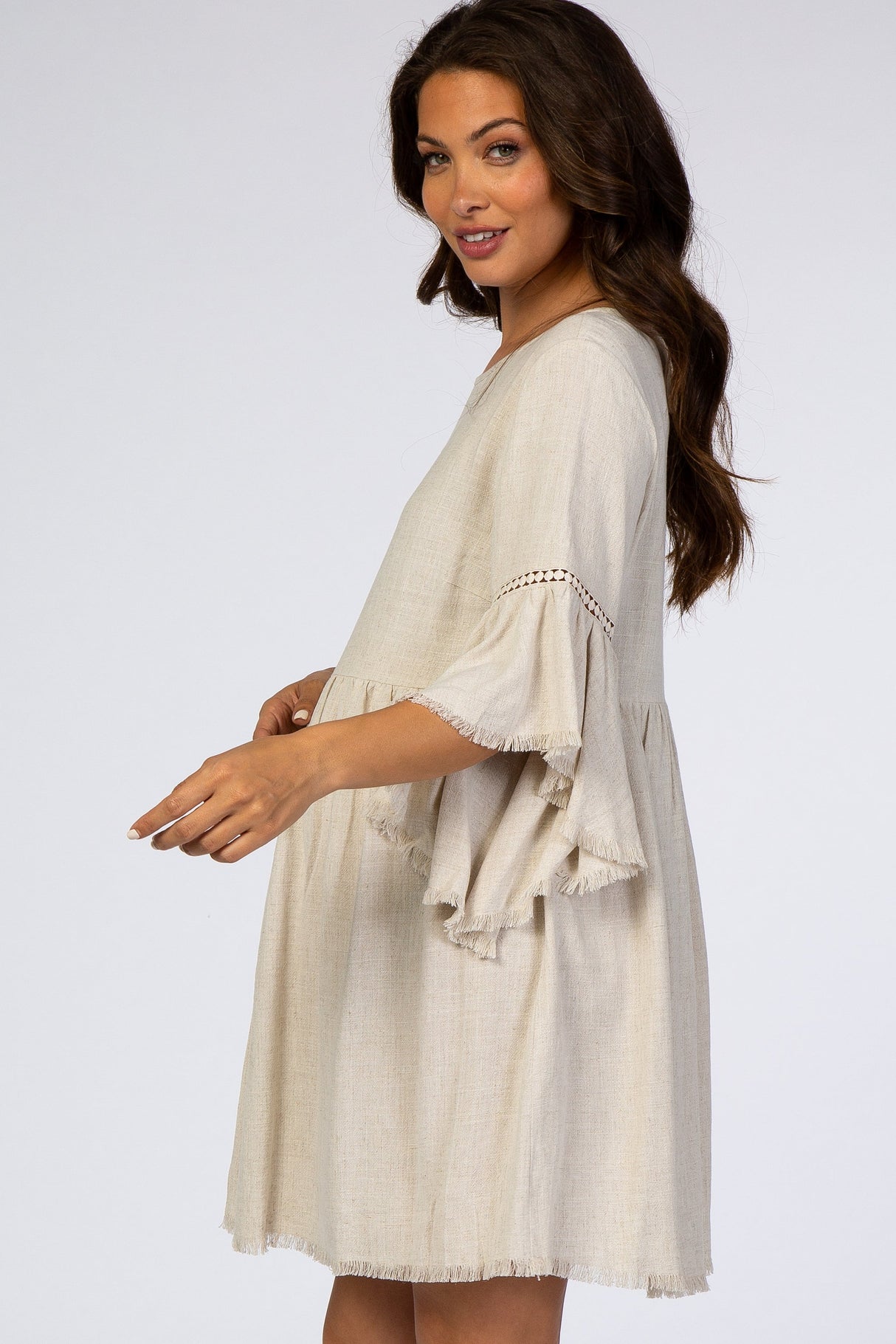 Beige Raw Edge Bell Sleeve Babydoll Maternity Dress from PinkBlush