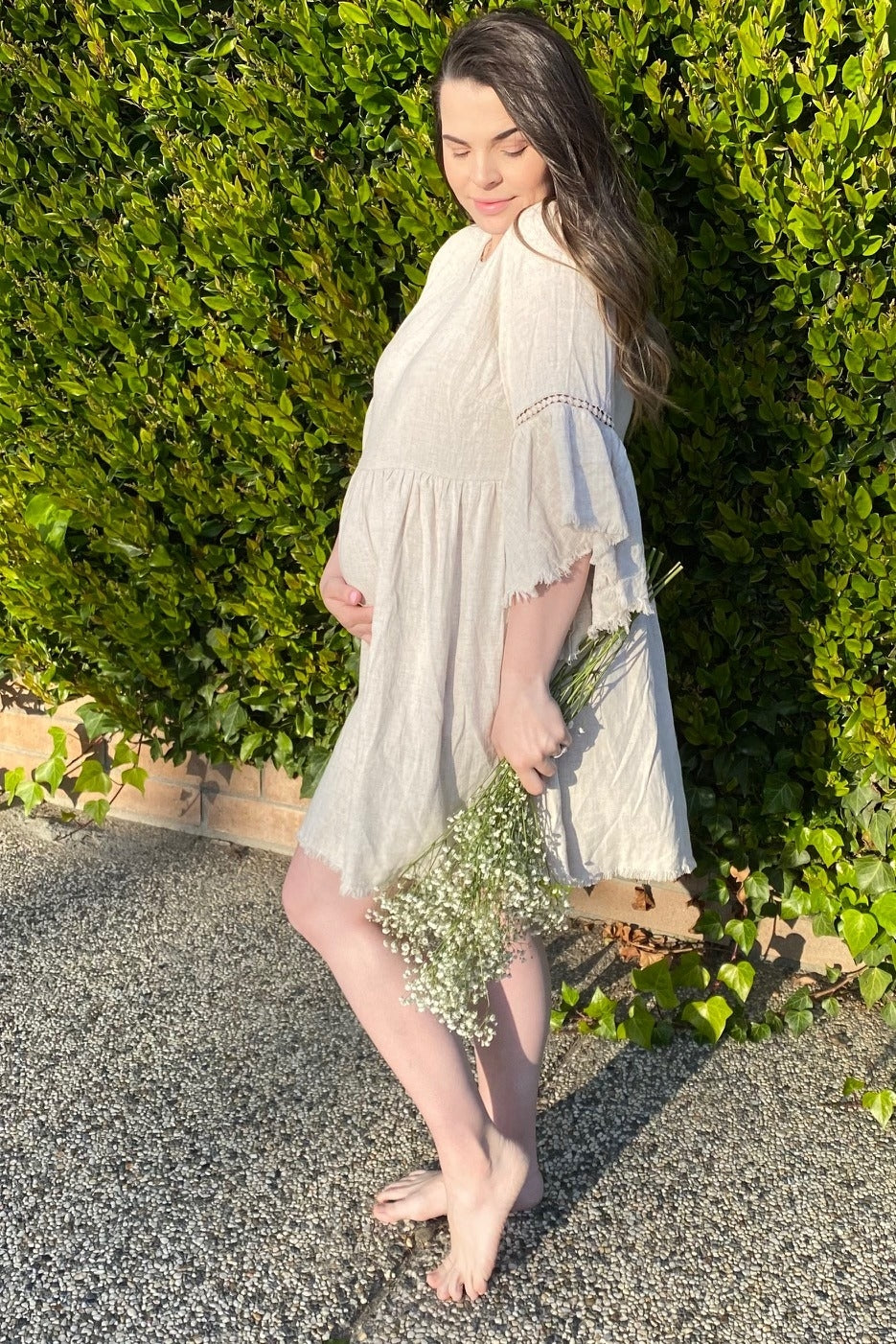 Beige Raw Edge Bell Sleeve Babydoll Maternity Dress from PinkBlush