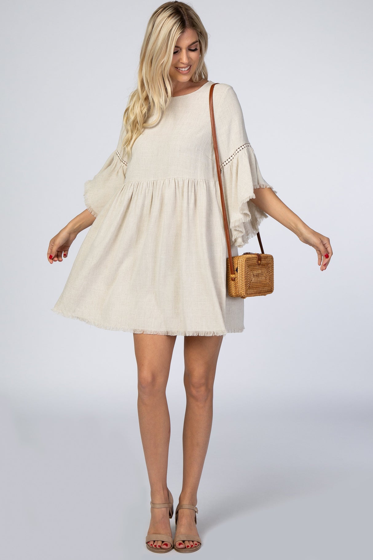 Beige Raw Edge Bell Sleeve Babydoll Maternity Dress from PinkBlush