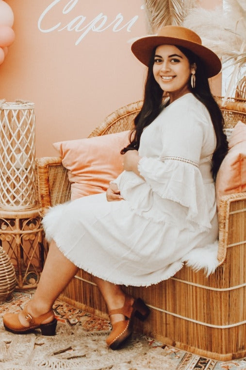 Beige Raw Edge Bell Sleeve Babydoll Maternity Dress from PinkBlush