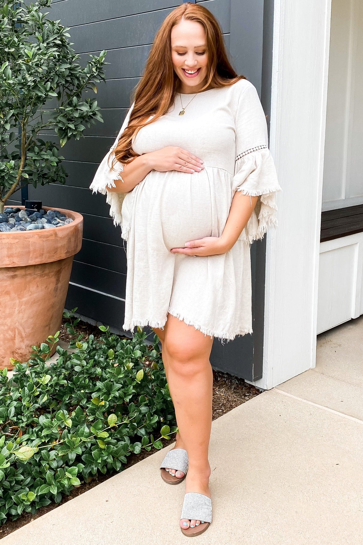 Beige Raw Edge Bell Sleeve Babydoll Maternity Dress from PinkBlush