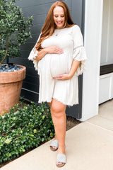 Beige Raw Edge Bell Sleeve Babydoll Maternity Dress from PinkBlush