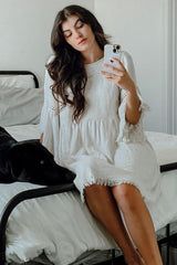 Beige Raw Edge Bell Sleeve Babydoll Maternity Dress from PinkBlush