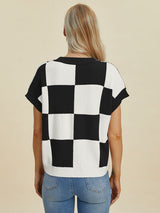 Double Take Full Size Checkered Round Neck Short Sleeve Sweater from Enfance-Heureuse