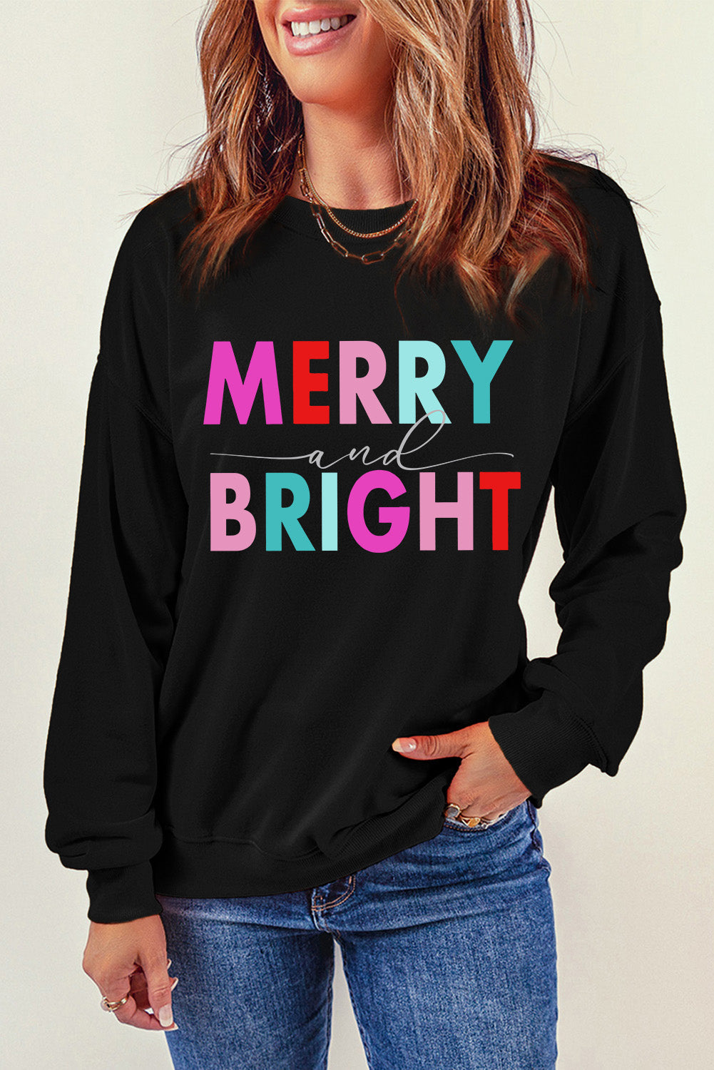 Black Colorful MERRY and BRIGHT Graphic Sweatshirt from MsDressly