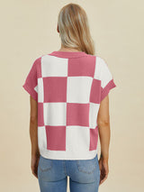 Double Take Full Size Checkered Round Neck Short Sleeve Sweater from Enfance-Heureuse