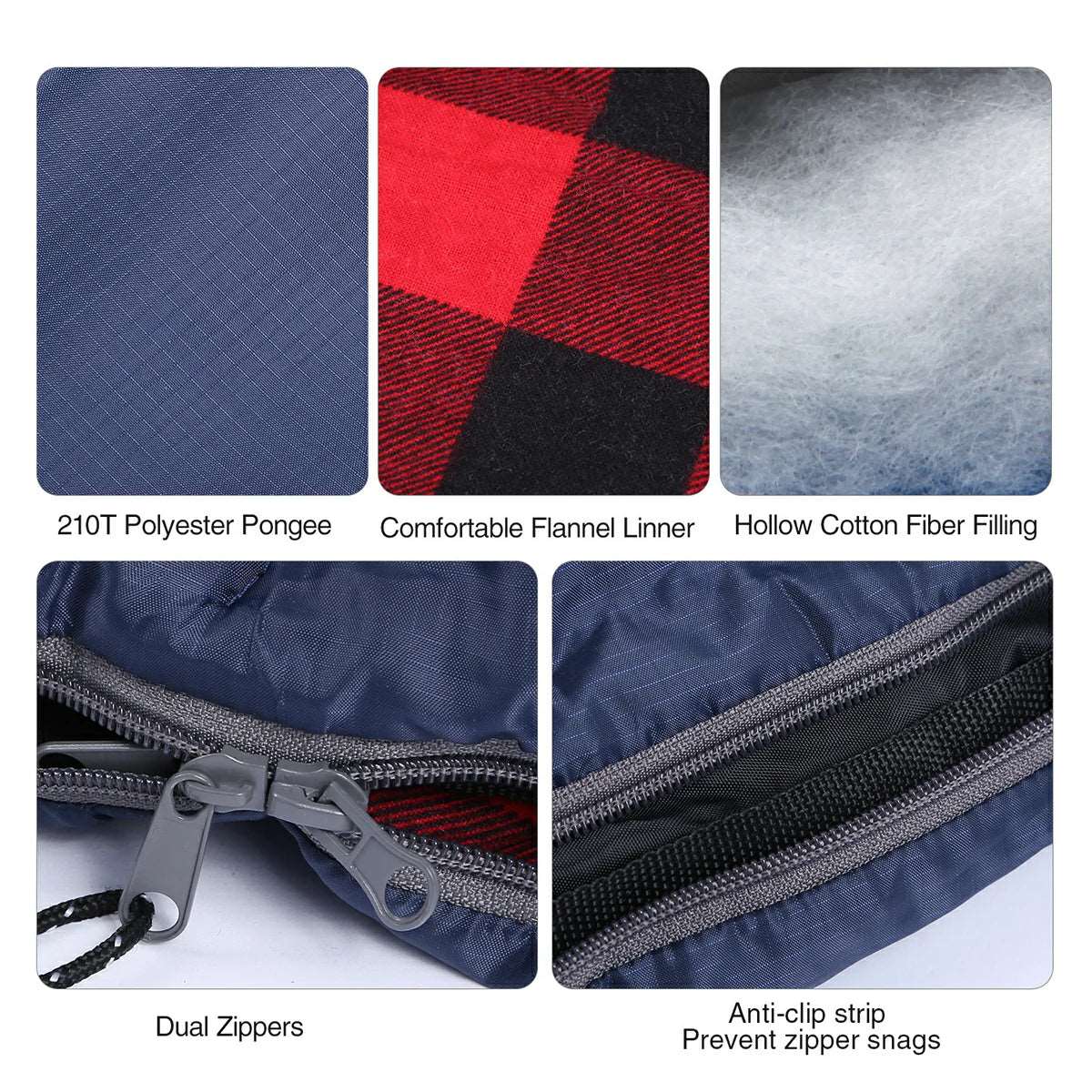 Hooded Camping Sleeping Bag for Adult with Cotton Flannel,Red,Blue,Navy Blue From Redcamp