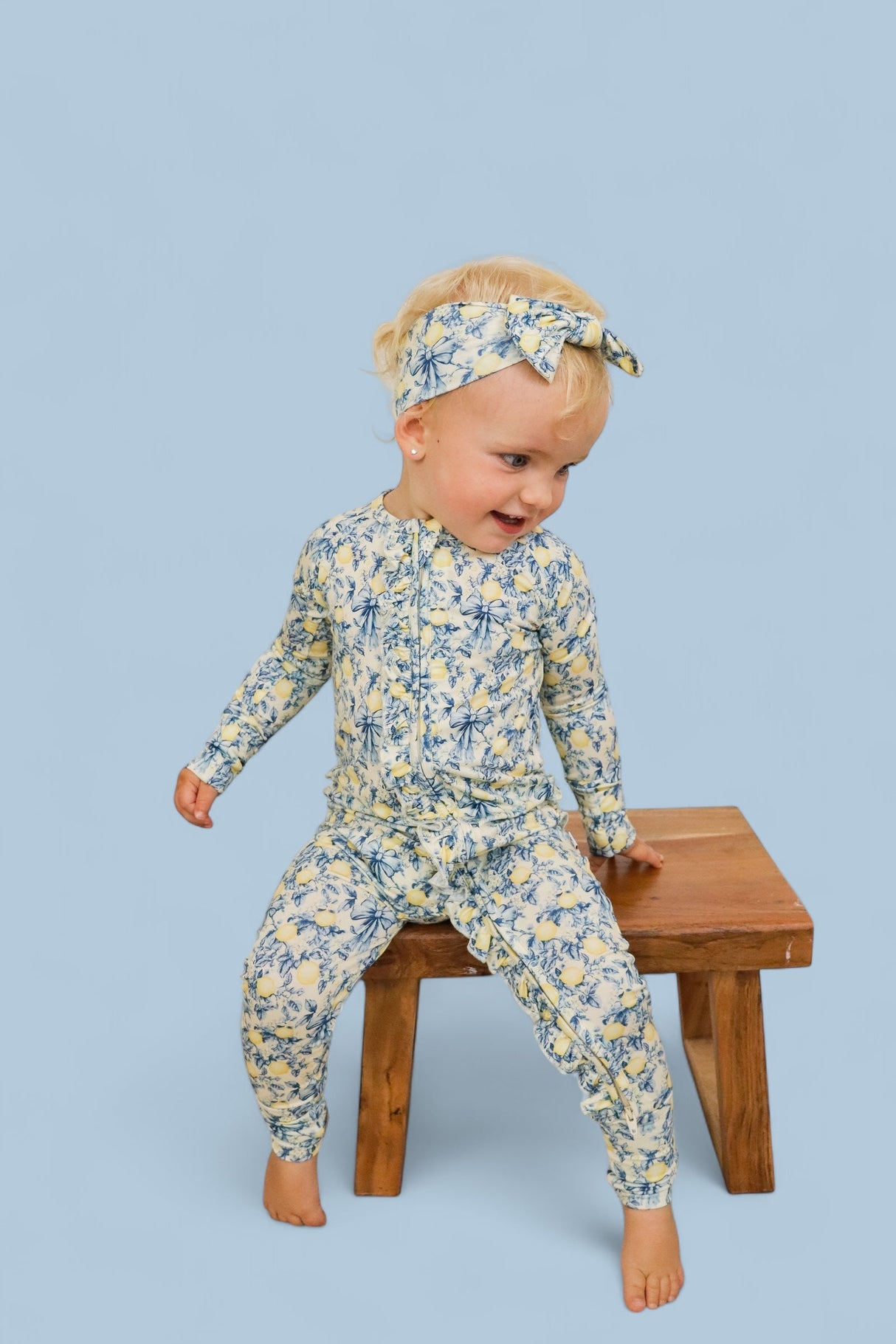 VINTAGE CITRUS TOILE DREAM RUFFLE ROMPER from DREAM BIG LITTLE CO