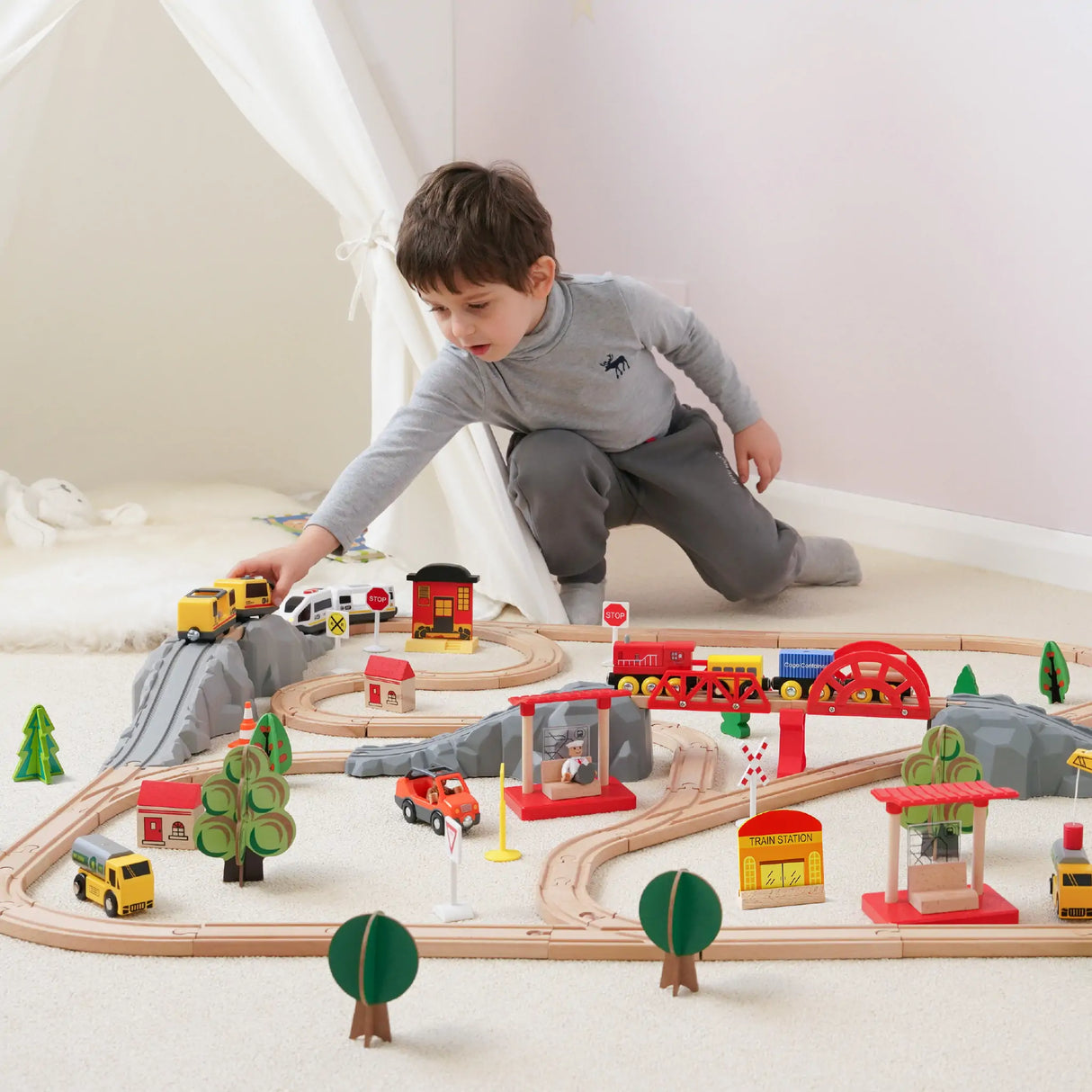 Tiny Land® Wooden Track Trains 55 Pcs From Tiny Land