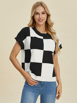 Double Take Full Size Checkered Round Neck Short Sleeve Sweater from Enfance-Heureuse