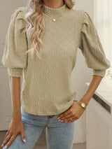 Apricot Textured Vintage Mock Neck Top with Puff Sleeves from MsDressly