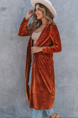 Brown Retro Velvet Long Sleeve Pocket Coat From MsDressly