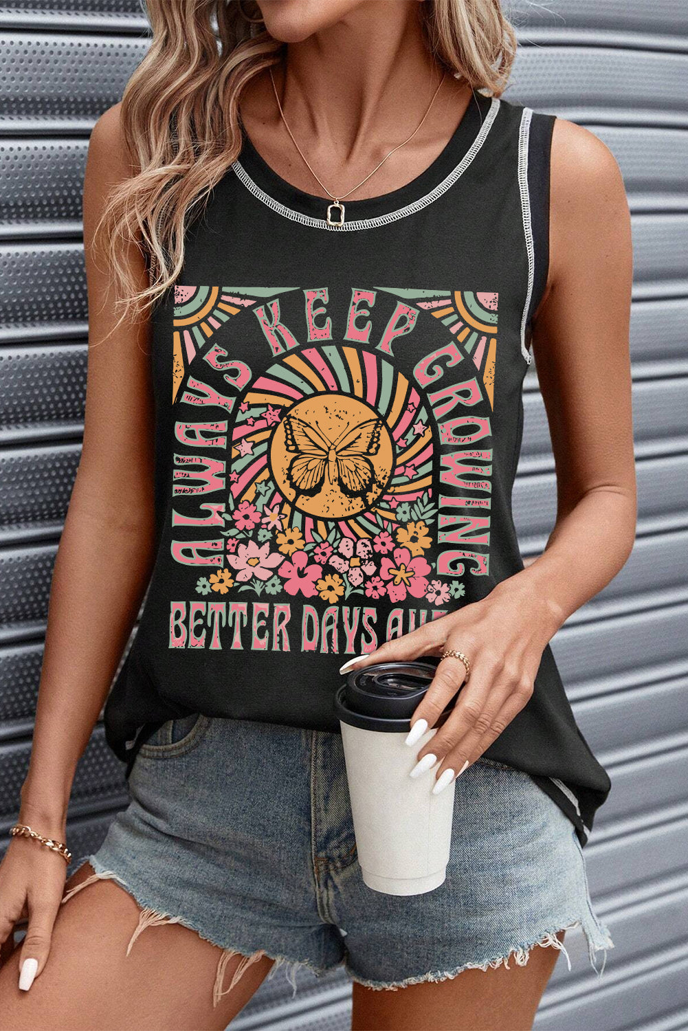 Black Letters Butterfly Floral Printed Stitching Crewneck Tank Top From MsDressly