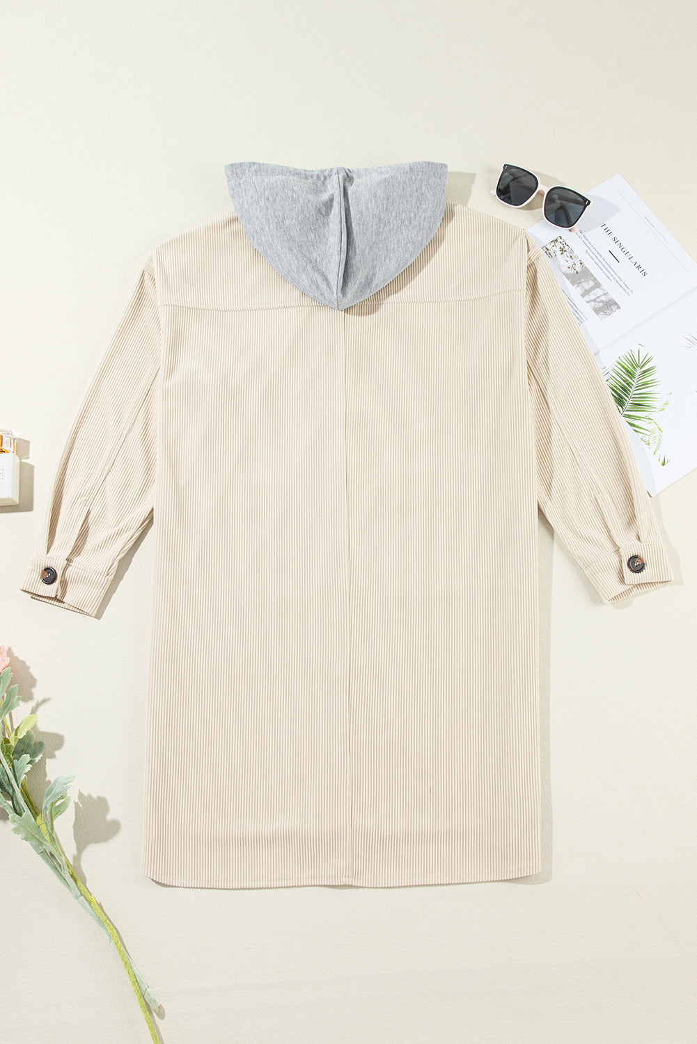 Beige Oversized Corduroy Contrast Hooded Shacket from MsDressly