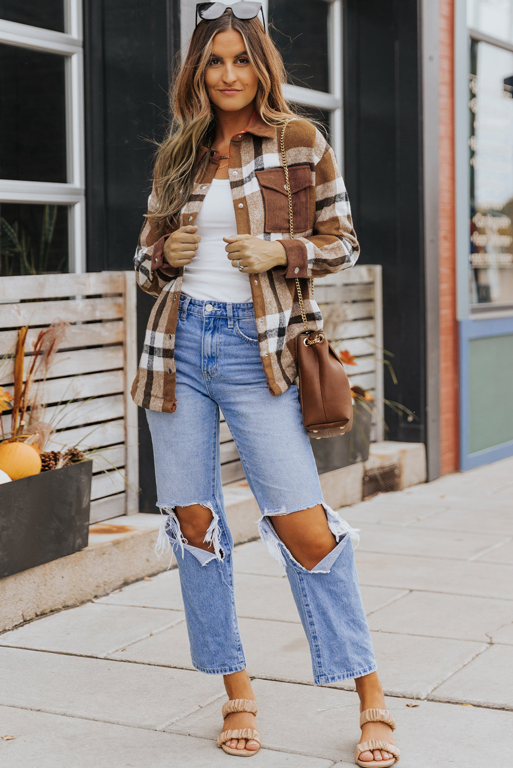 Phoebe Pocketed Buttoned Plaid Shirt Jacket from Threaded Pear