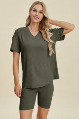 Basic Bae Full Size Ribbed V-Neck Short Sleeve Top and Shorts Set from Enfance-Heureuse
