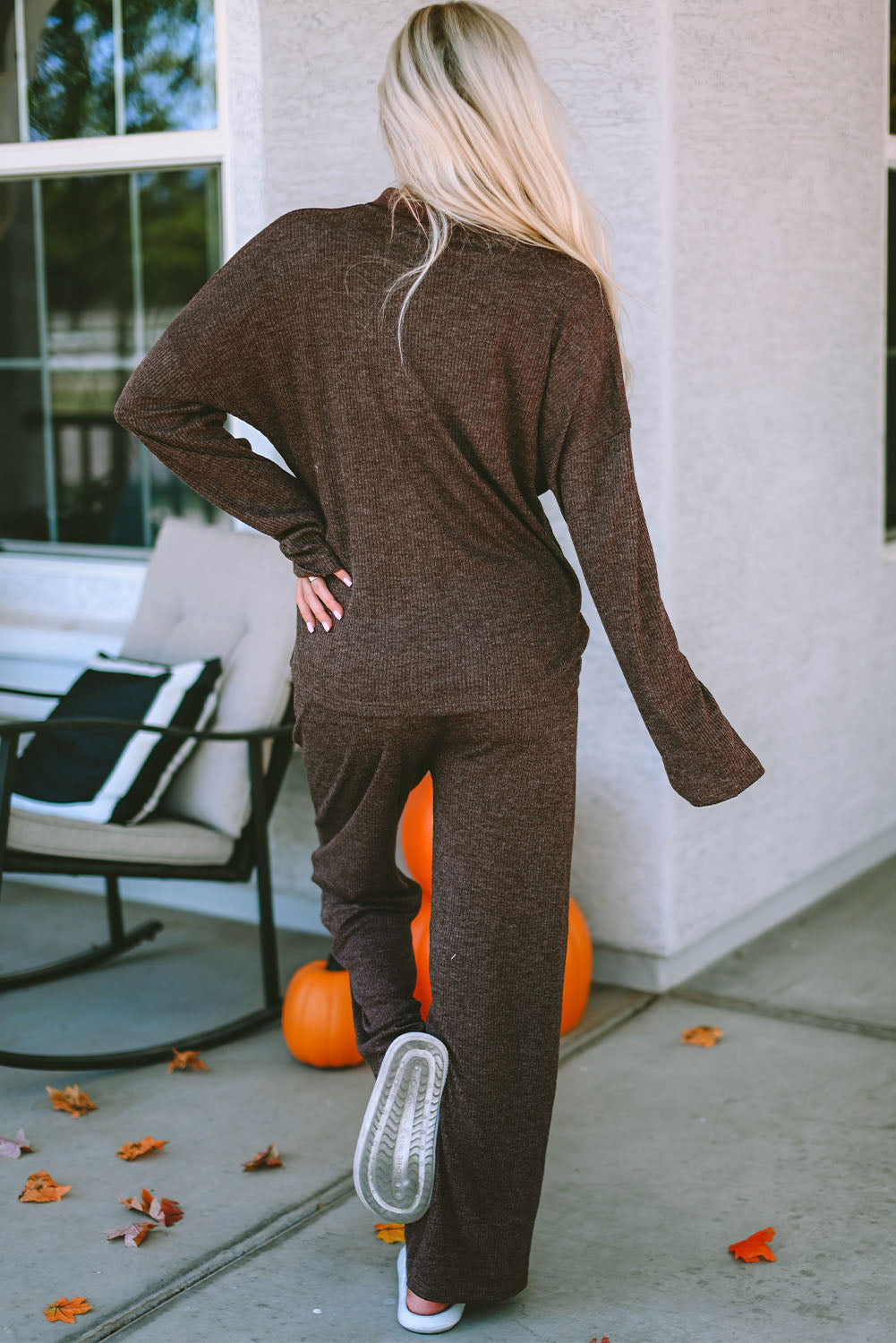 Brooke Ribbed Knit Collared Henley Top and Pants Lounge Outfit From Threaded Pear
