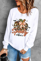 Beige Spooky Leopard Pumpkin Print Crew Neck Sweatshirt from MsDressly