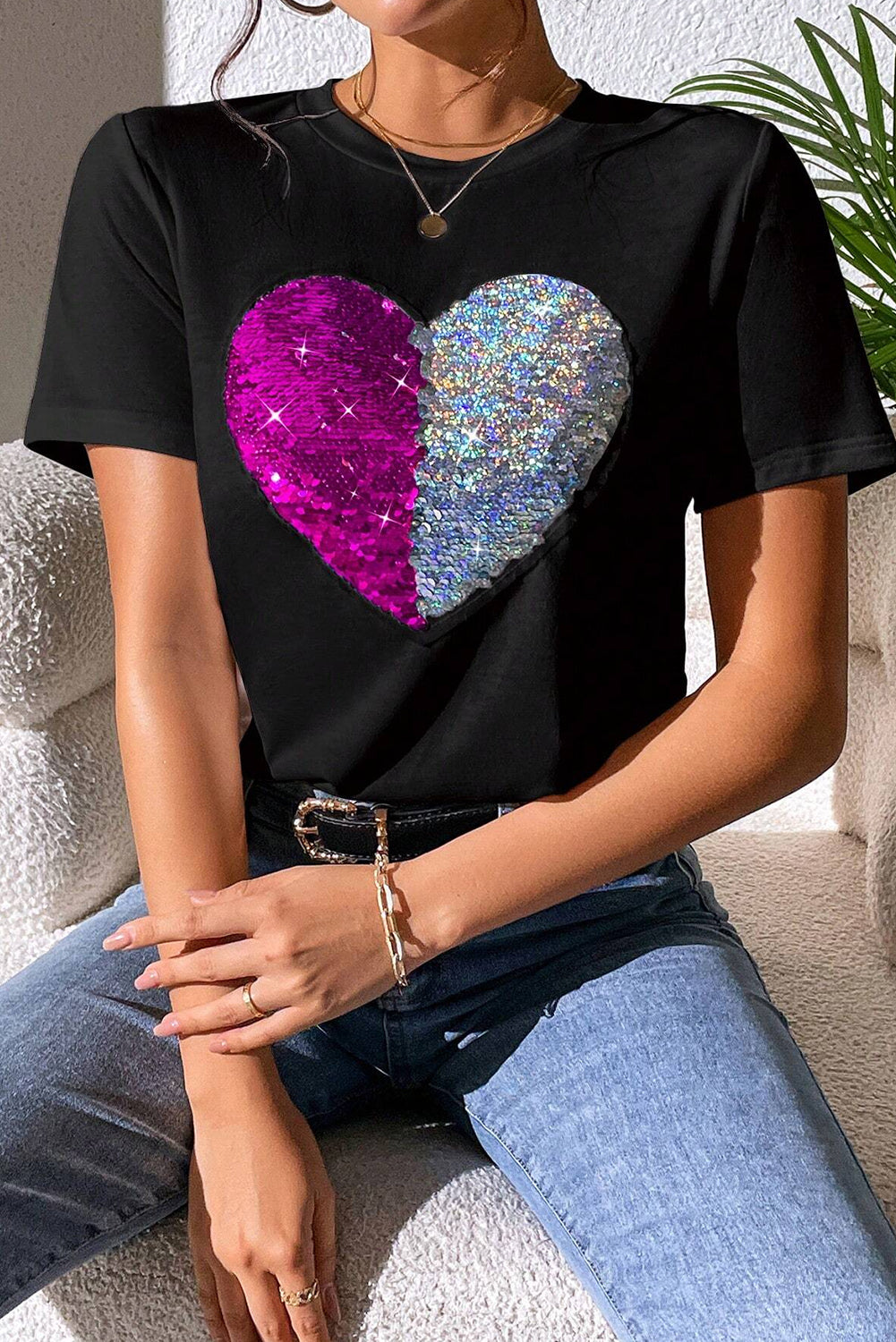 Black Valentine Two Tone Sequined Heart Shaped Graphic T Shirt from MsDressly