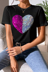 Black Valentine Two Tone Sequined Heart Shaped Graphic T Shirt from MsDressly