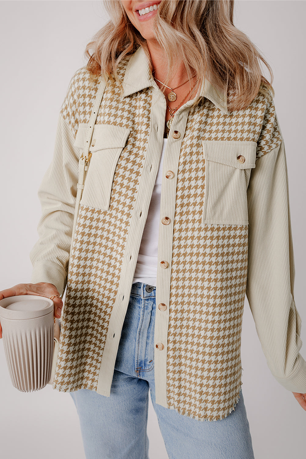 Beige Corduroy Shirt Jacket with Houndstooth Panel from MsDressly