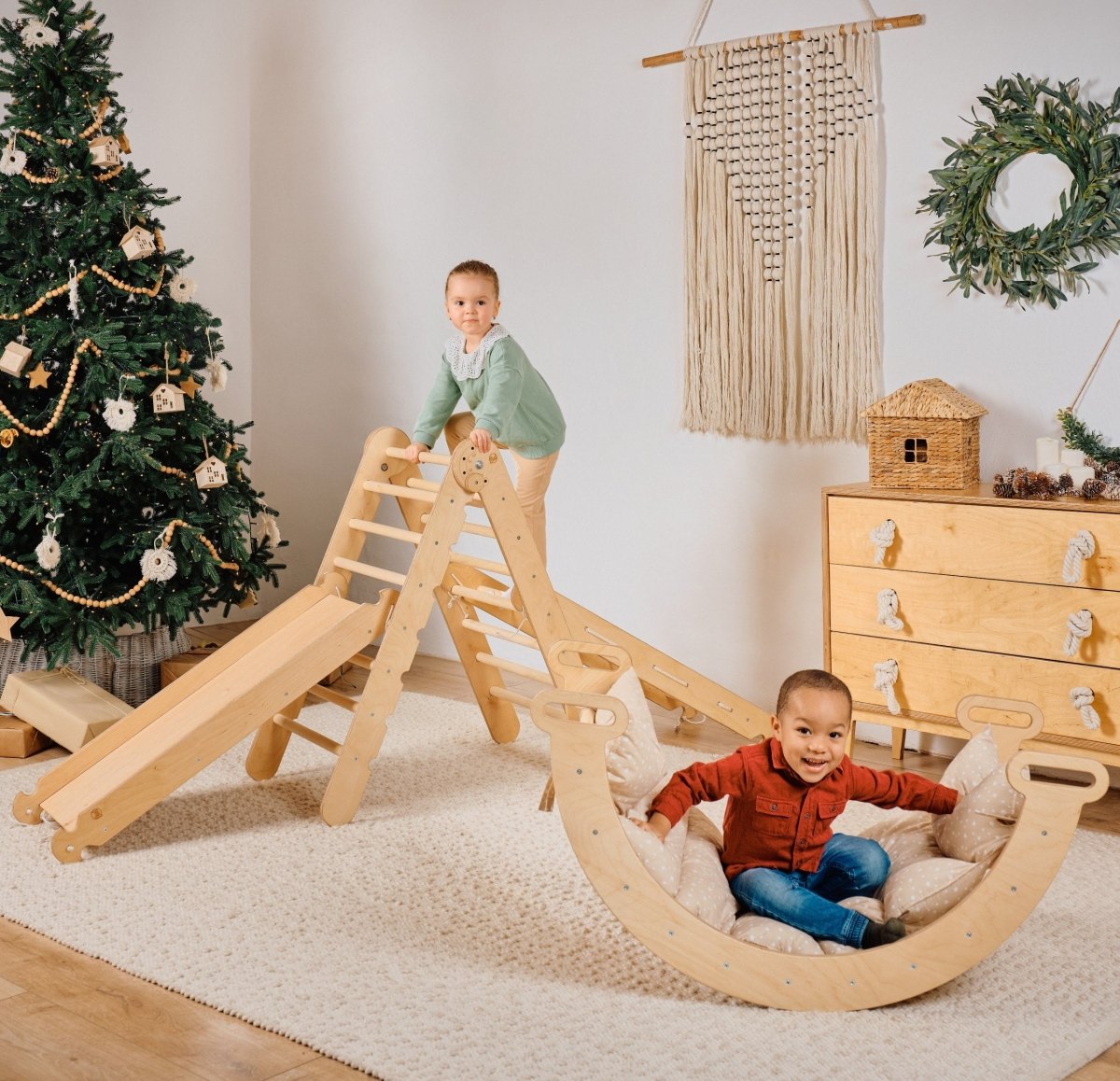 5in1 Montessori Climbing Set: Triangle Ladder + Arch/Rocker + Slide Board/Ramp + Netting rope + Cushion from Goodevas