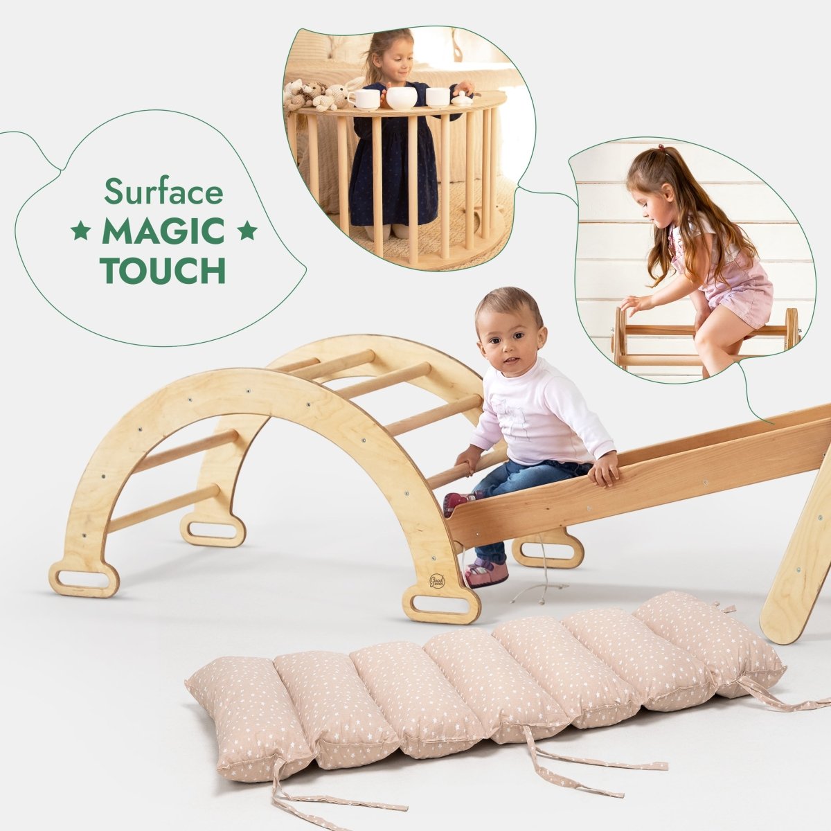 5in1 Montessori Climbing Set: Triangle Ladder + Arch/Rocker + Slide Board/Ramp + Netting rope + Cushion from Goodevas