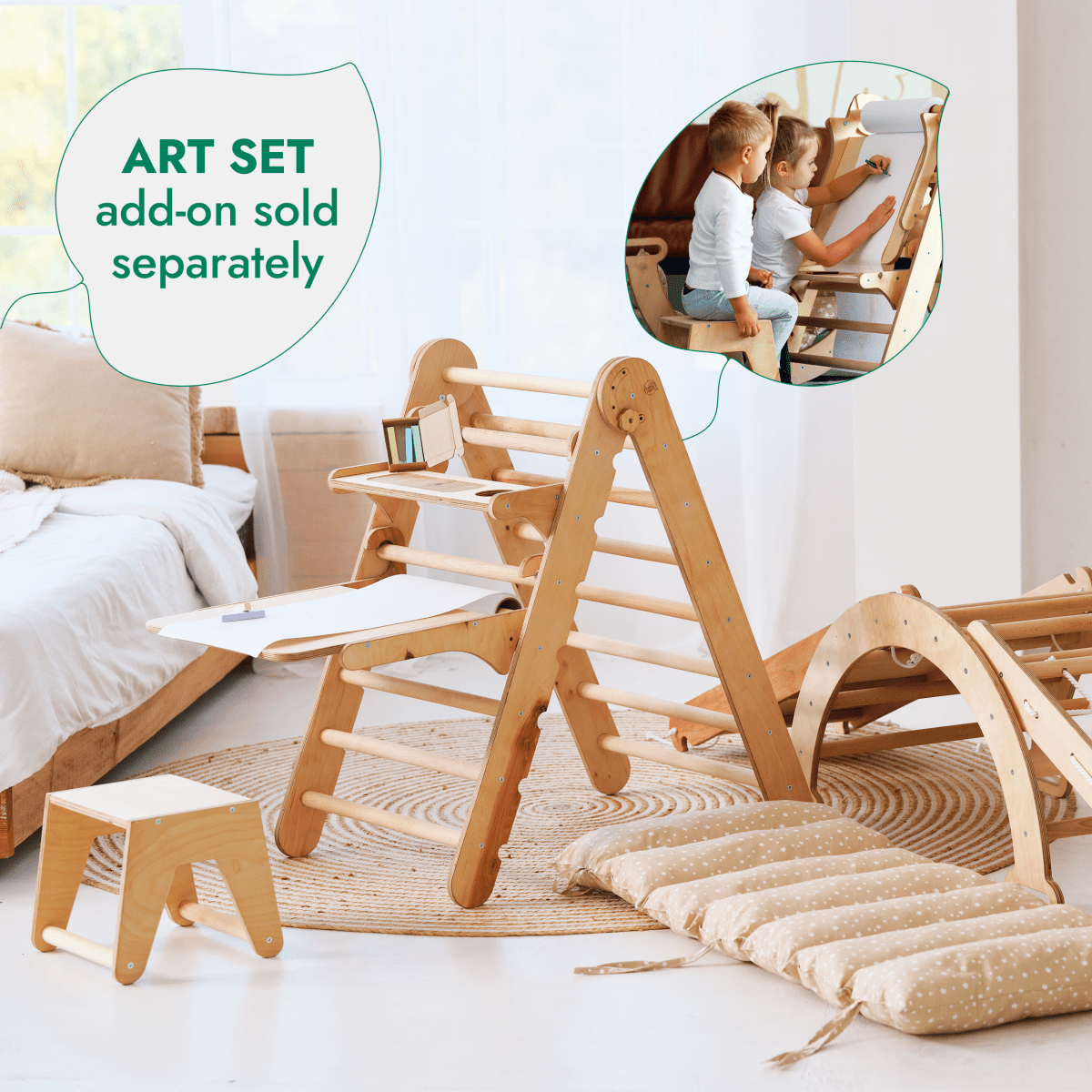 5in1 Montessori Climbing Set: Triangle Ladder + Arch/Rocker + Slide Board/Ramp + Netting rope + Cushion from Goodevas