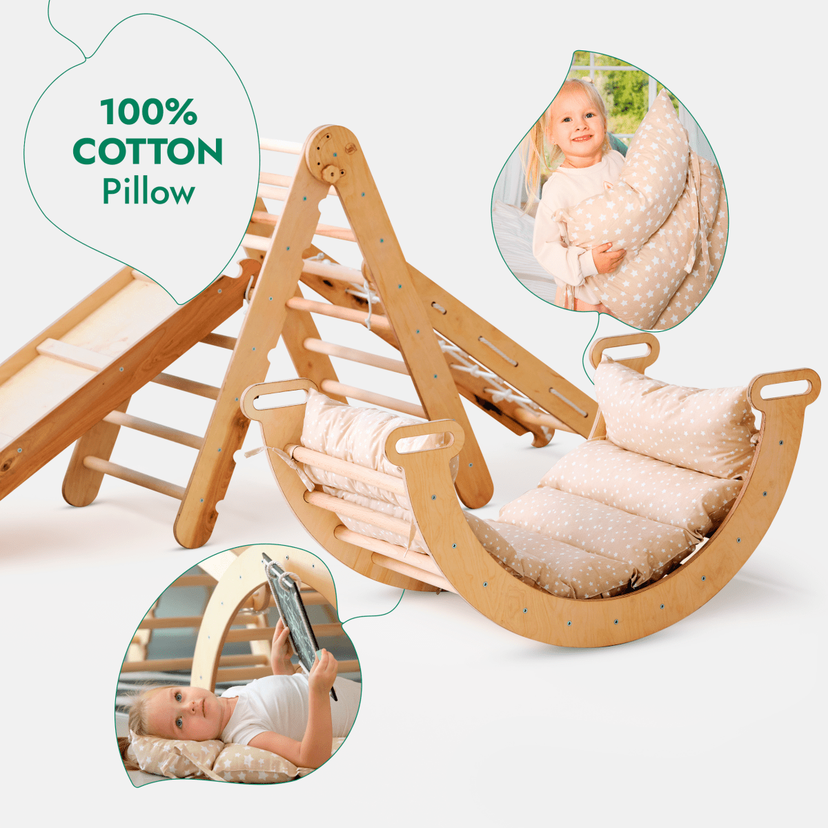5in1 Montessori Climbing Set: Triangle Ladder + Arch/Rocker + Slide Board/Ramp + Netting rope + Cushion from Goodevas