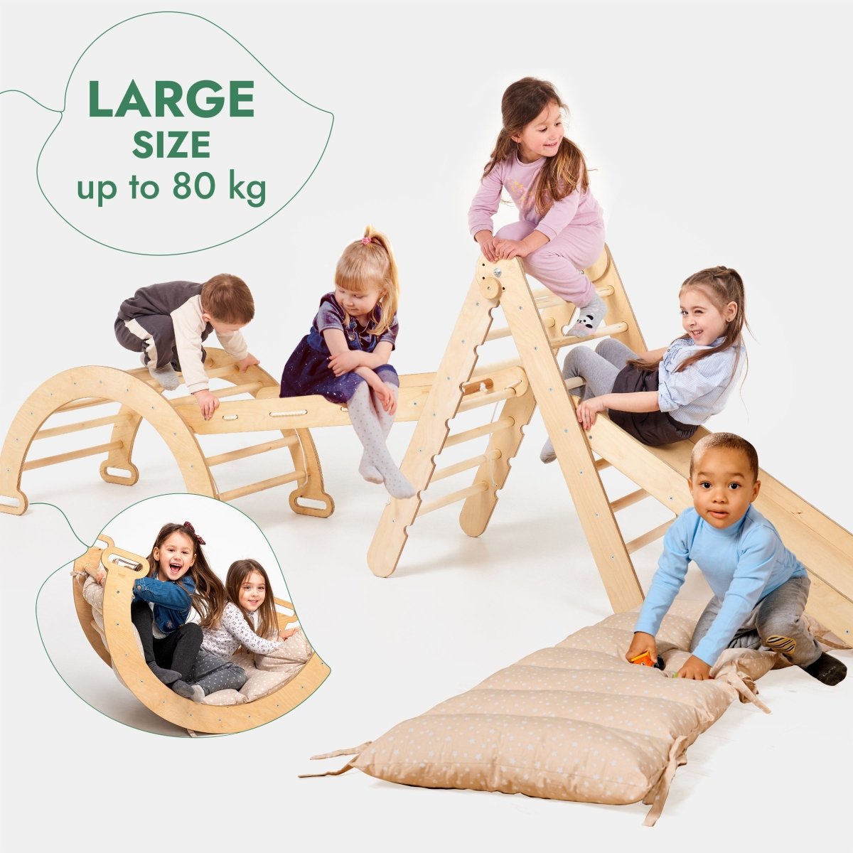 5in1 Montessori Climbing Set: Triangle Ladder + Arch/Rocker + Slide Board/Ramp + Netting rope + Cushion from Goodevas