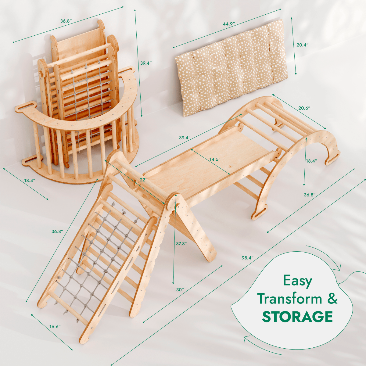 5in1 Montessori Climbing Set: Triangle Ladder + Arch/Rocker + Slide Board/Ramp + Netting rope + Cushion from Goodevas