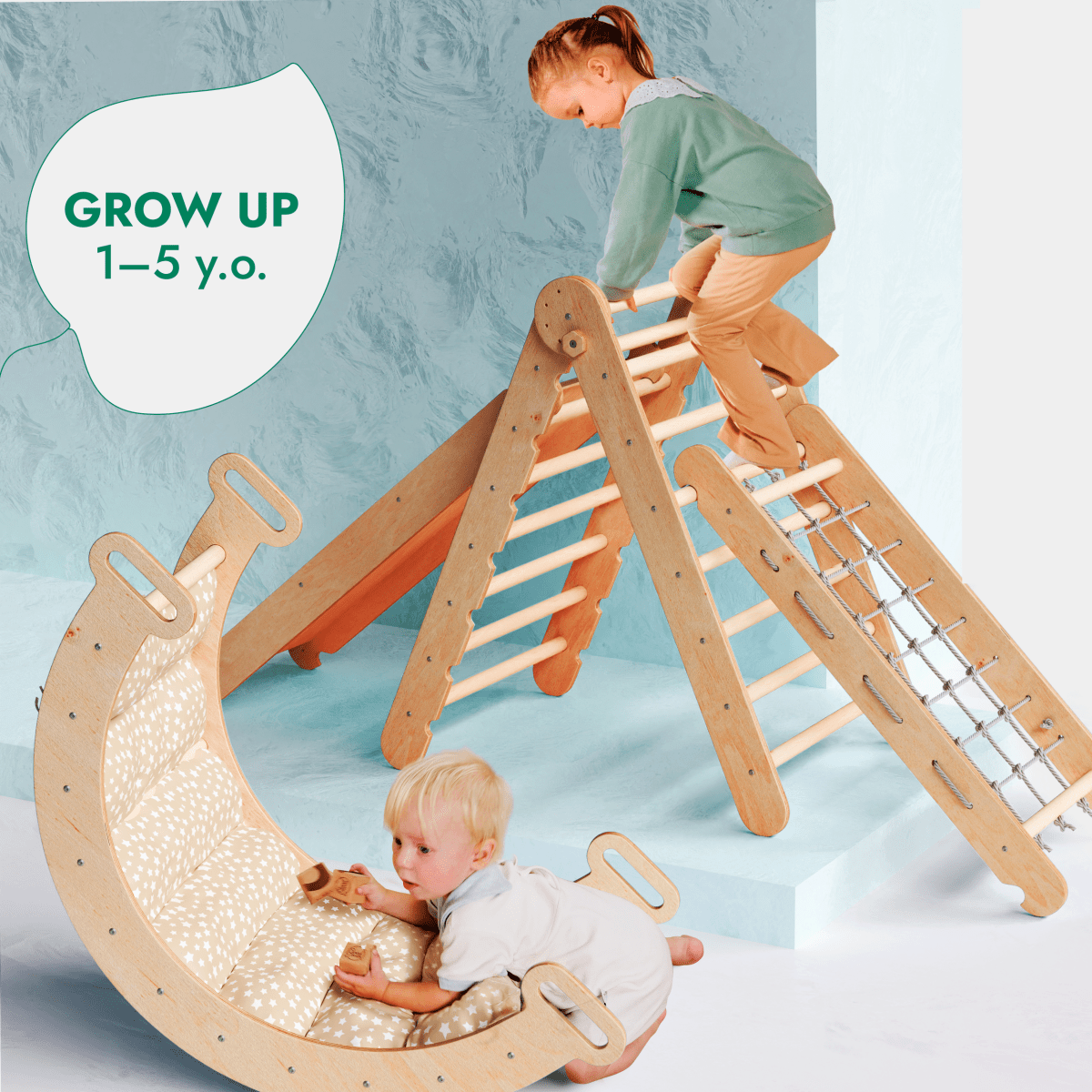 5in1 Montessori Climbing Set: Triangle Ladder + Arch/Rocker + Slide Board/Ramp + Netting rope + Cushion from Goodevas