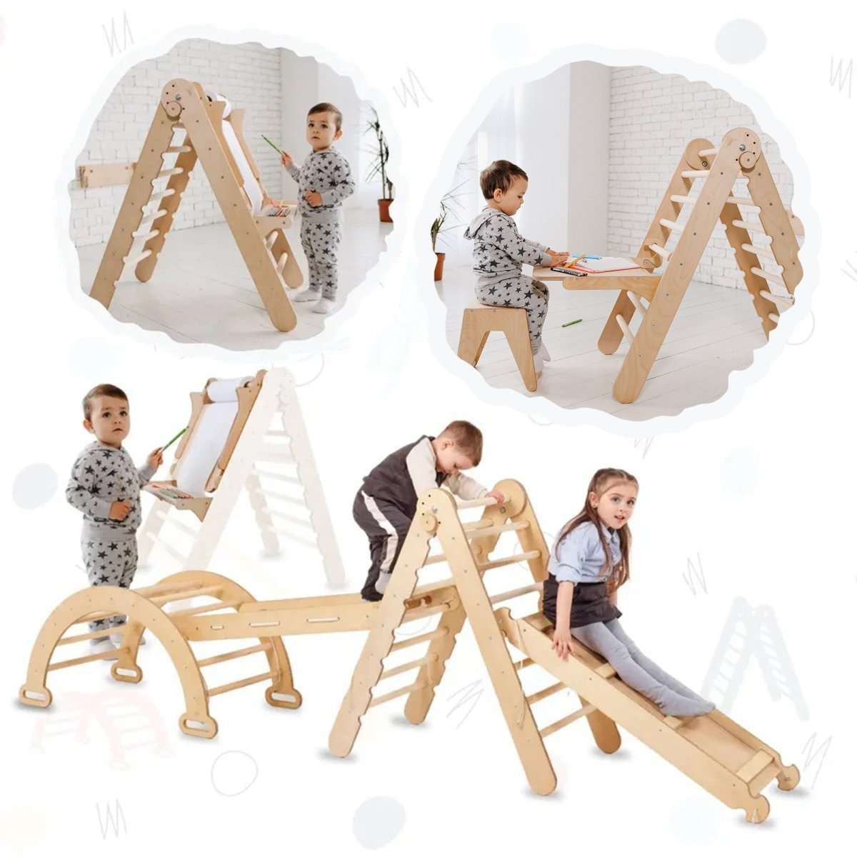 5in1 Montessori Climbing Set: Triangle Ladder + Climbing Arch + Slide Board + Climbing Net + Art Addition from Goodevas