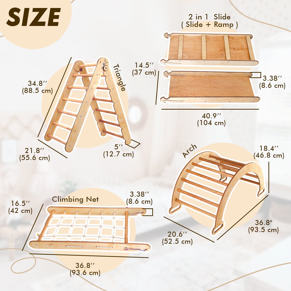 5in1 Montessori Climbing Set: Triangle Ladder + Climbing Arch + Slide Board + Climbing Net + Art Addition from Goodevas