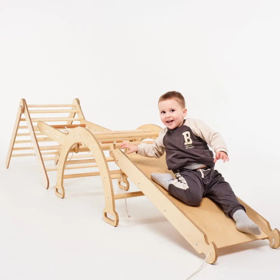 5in1 Montessori Climbing Set: Triangle Ladder + Climbing Arch + Slide Board + Climbing Net + Art Addition from Goodevas