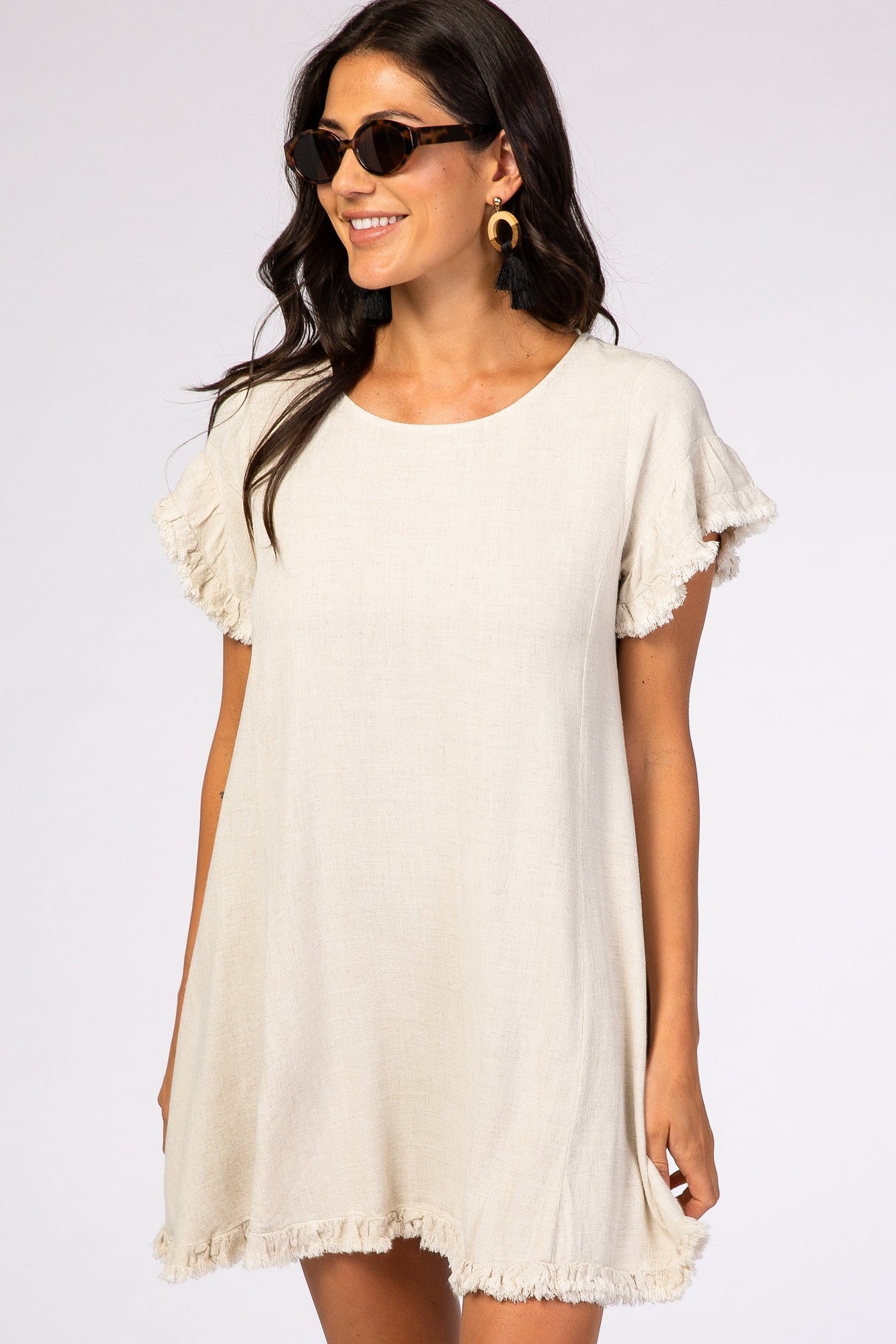 Beige Fringe Linen Maternity Dress from PinkBlush