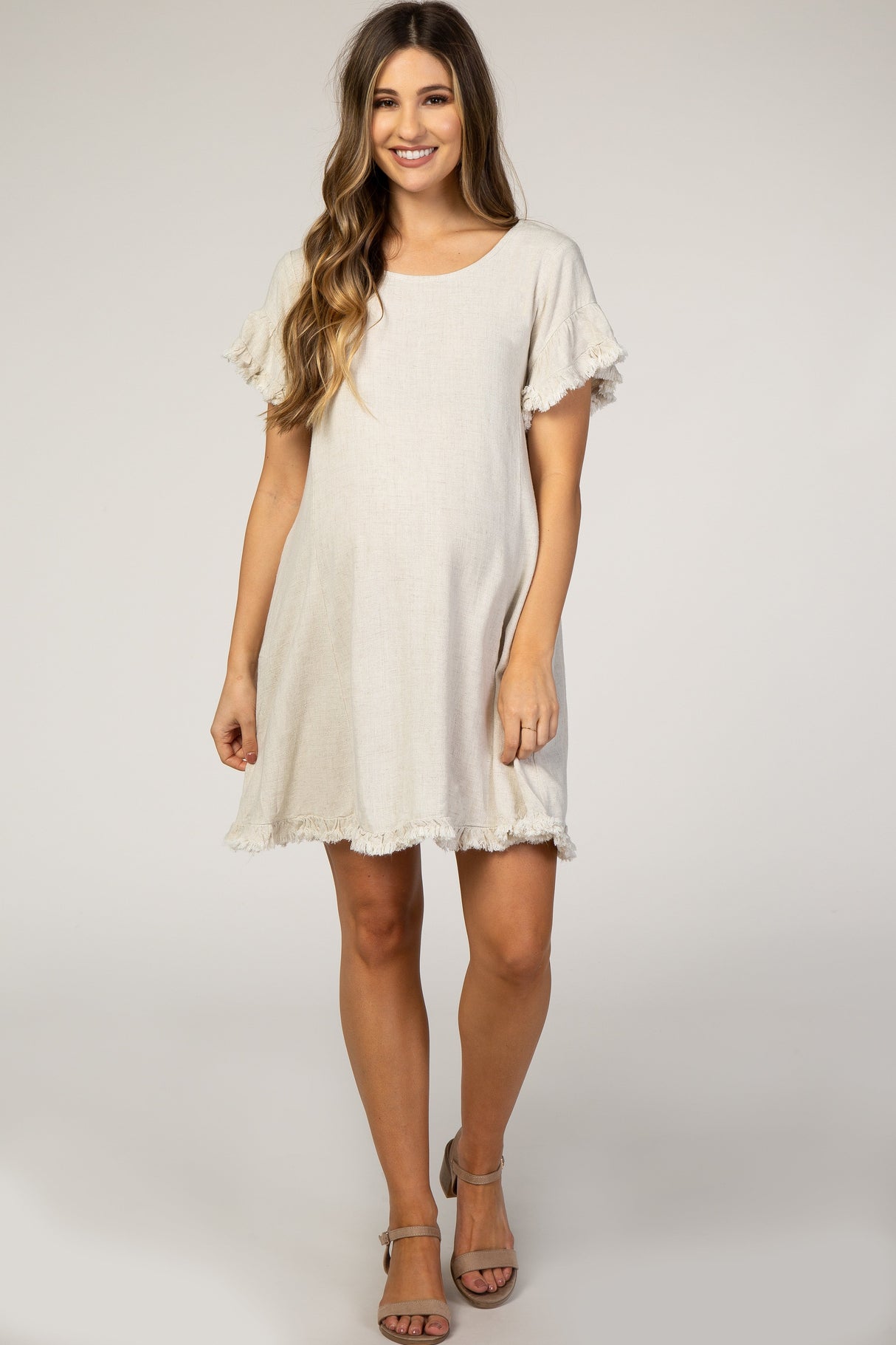 Beige Fringe Linen Maternity Dress from PinkBlush