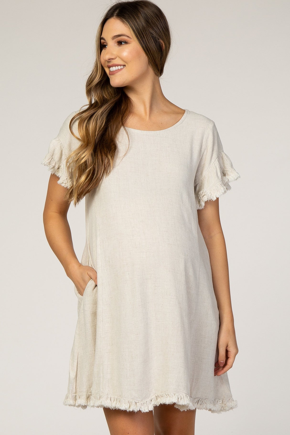 Beige Fringe Linen Maternity Dress from PinkBlush