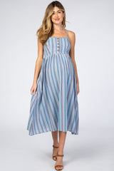 Blue Purple Striped Button Front Maternity Midi Dress from PinkBlush