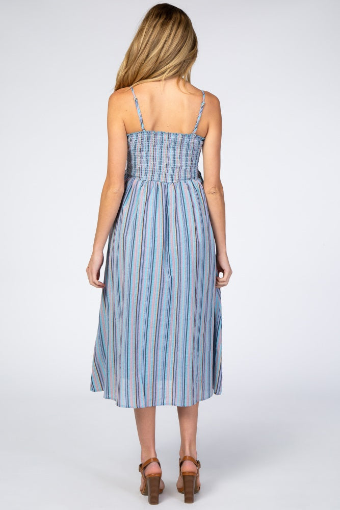 Blue Purple Striped Button Front Maternity Midi Dress from PinkBlush