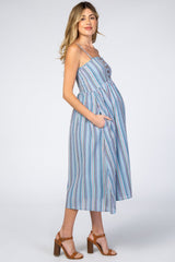 Blue Purple Striped Button Front Maternity Midi Dress from PinkBlush