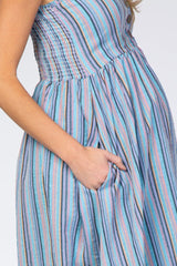 Blue Purple Striped Button Front Maternity Midi Dress from PinkBlush