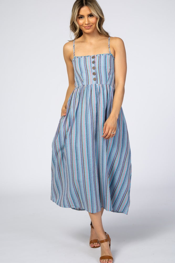 Blue Purple Striped Button Front Maternity Midi Dress from PinkBlush