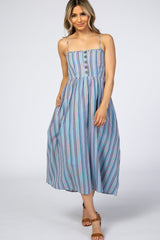Blue Purple Striped Button Front Maternity Midi Dress from PinkBlush