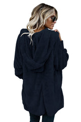 Blue Soft Fleece Hooded Open Front Coat From MsDressly