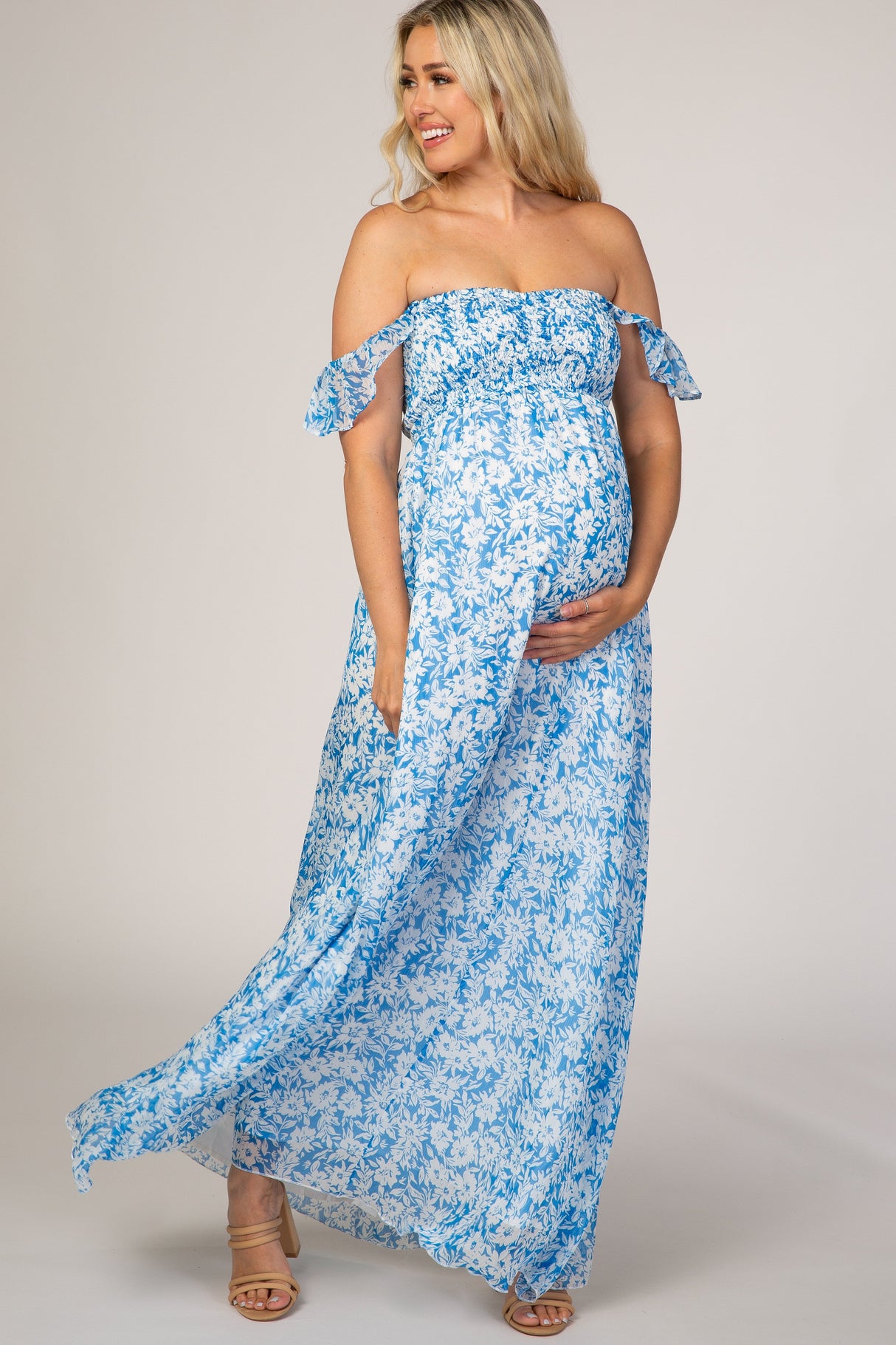 Blue Floral Flutter Sleeve Maternity Maxi Dress from PinkBlush